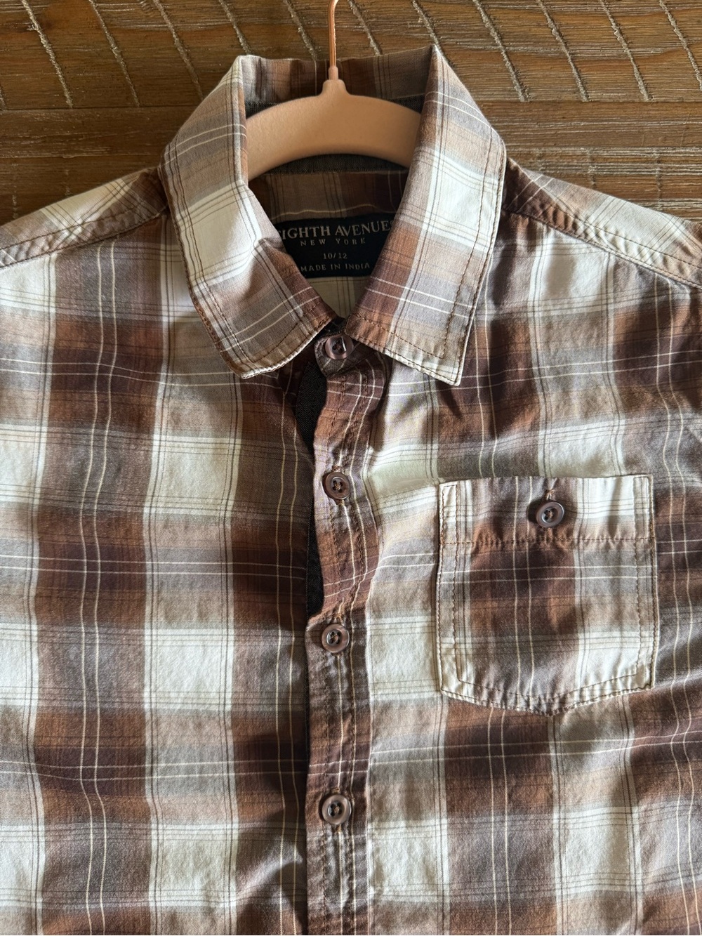 Eighth Avenue NY Boys Plaid Button Down Shirt Brown Beige Size 10/12 Large